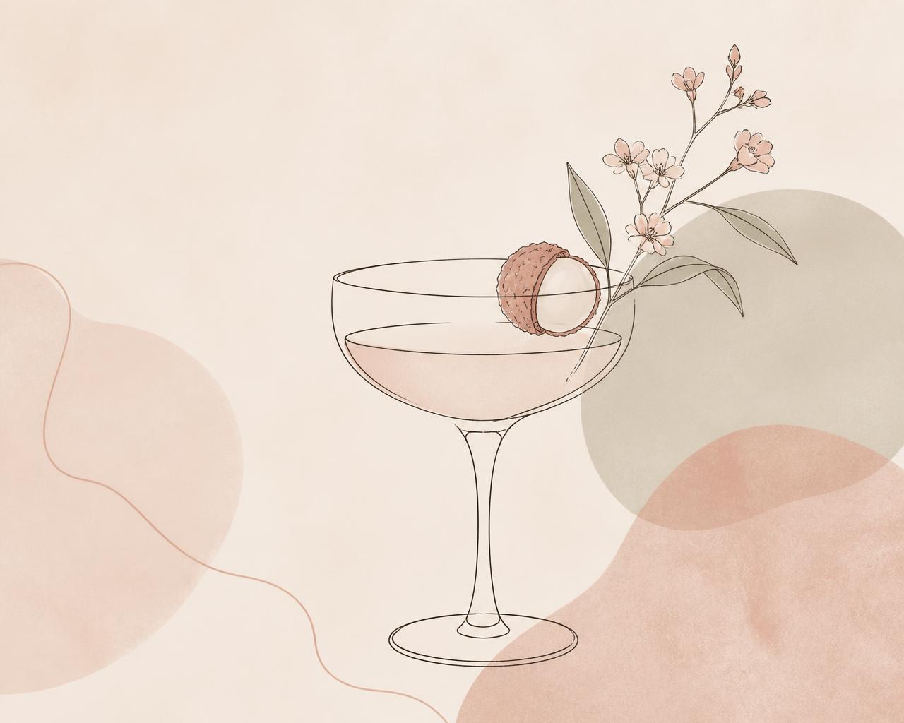Line illustration of a garnished cocktail against a Mediterranean coastline