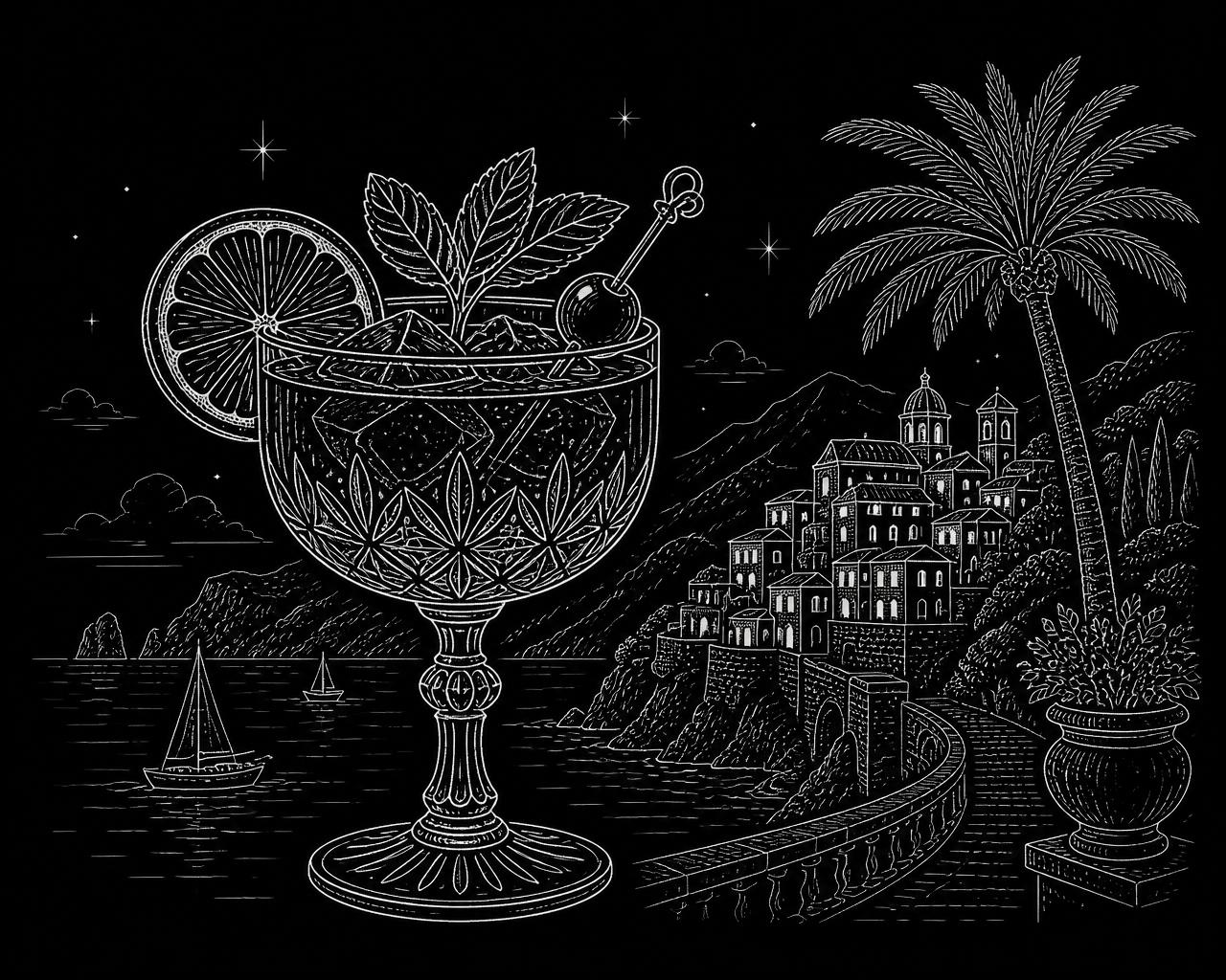 Line illustration of a garnished cocktail against a Mediterranean coastline